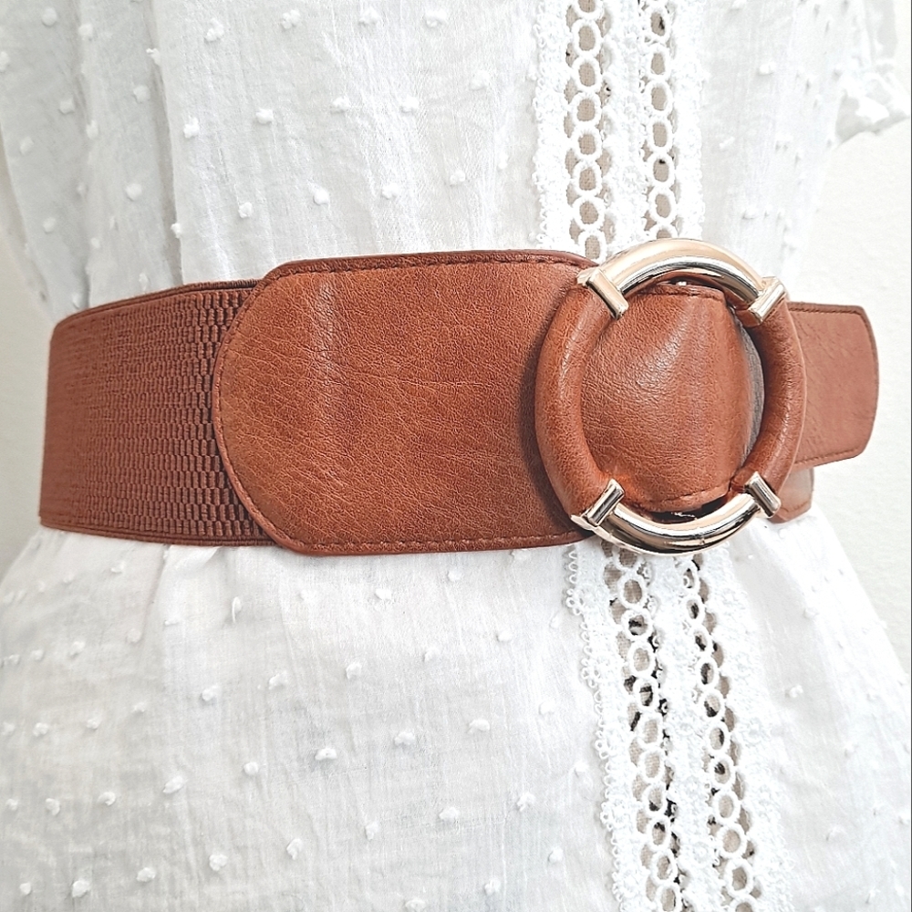 Womens elastic corset wide brown faux leather corset stretch boho waist belt - Picture 13 of 13